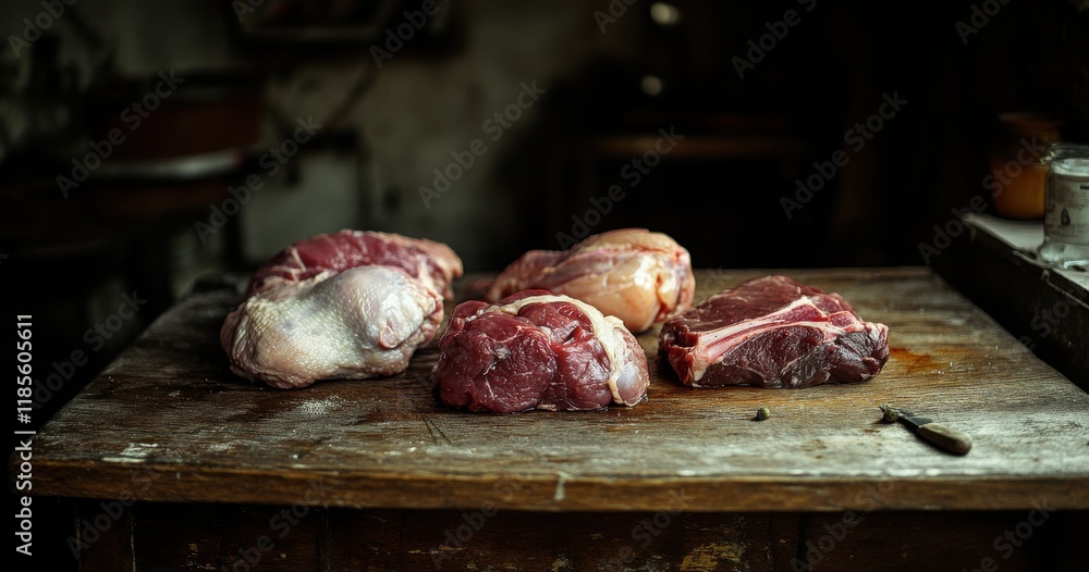 Poster fresh cuts of various meats on a rustic wooden table displayed in a dimly lit kitchen with a focus o