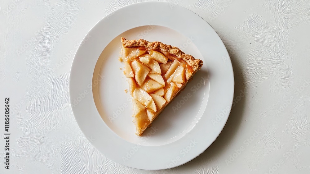 Poster homemade apple pie slice on white plate with golden crust and freshly sliced apples displayed elegan