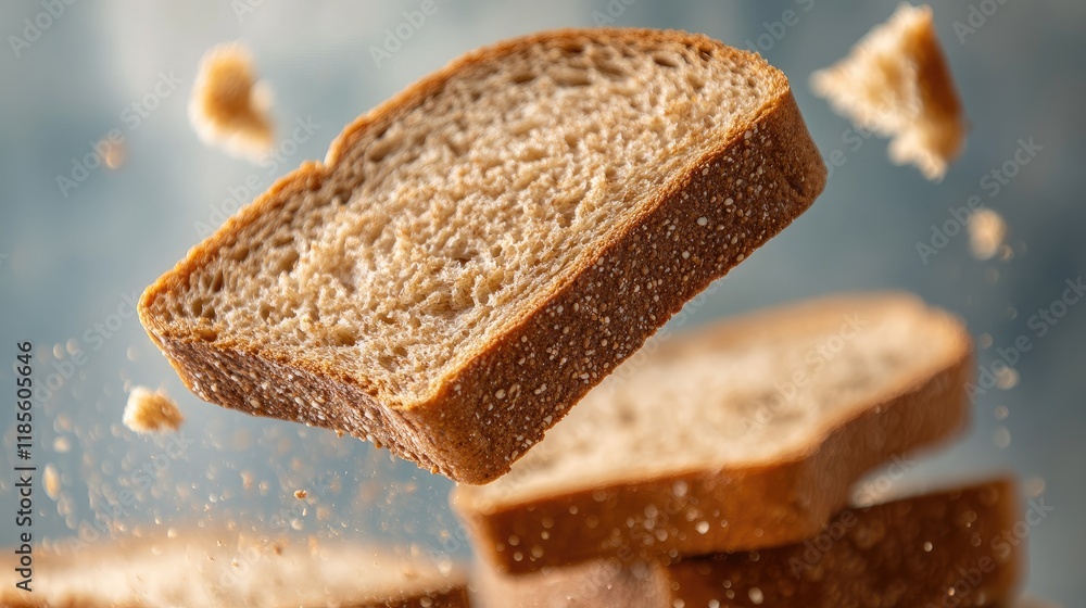 Poster freshly baked whole wheat bread slices floating in the air emphasizing their light and airy texture 