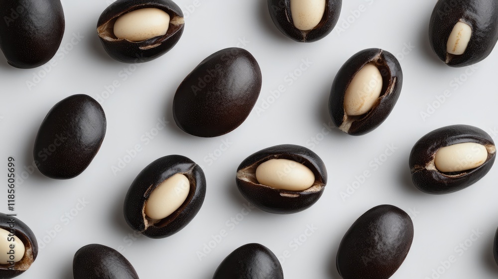 Poster germinated azuki beans on a light background showcasing the outer and inner textures in a flat lay c