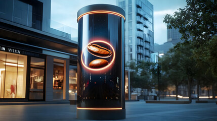 Modern coffee shop digital advertising pillar.
