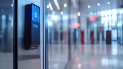 Modern Office Building Entrance with Biometric Fingerprint Scanner Security System