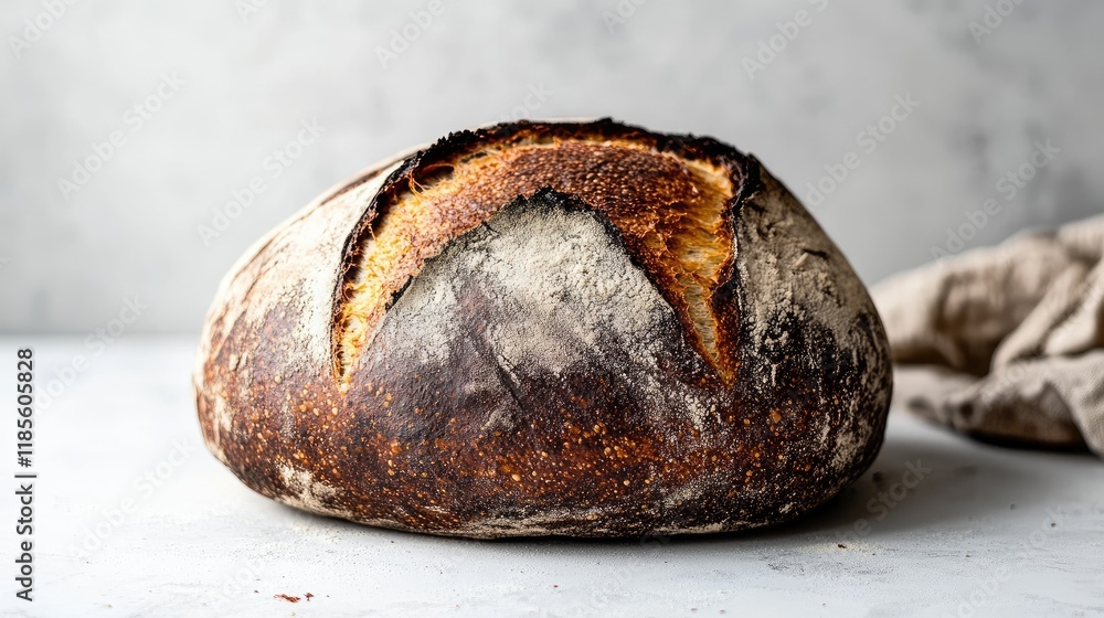 Poster artisan sourdough bread with a dark crust on a light textured background showcasing its rustic appea