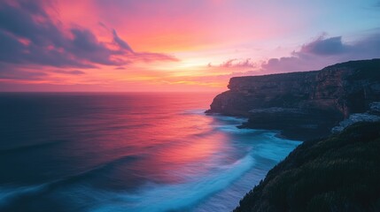 Fototapeta premium Rugged coastal cliffs at sunset with vibrant red sky reflecting on blurred ocean waters in a serene surfing landscape.