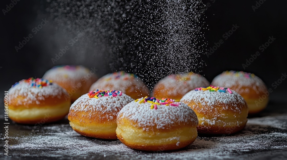 Poster freshly baked doughnuts topped with powdered sugar and colorful sprinkles on a dark textured backgro