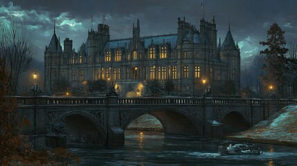 Naklejka premium A grand, snow-covered gothic castle illuminated at night, spanning a river
