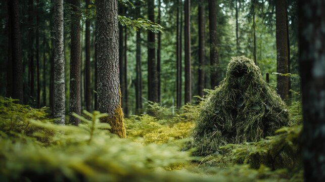 Ghillie Suit Sniper Blending into Lush Forest Environment for Tactical Camouflage