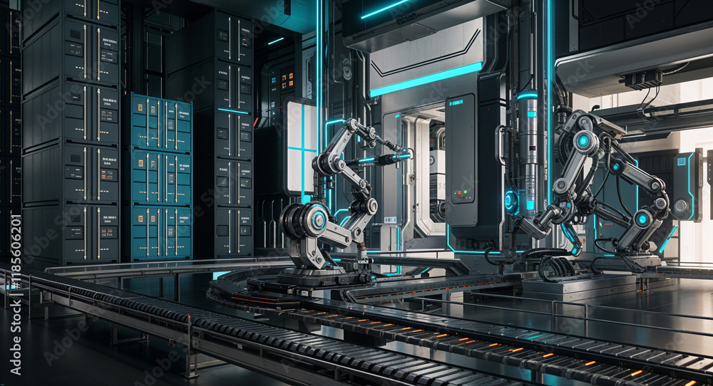 Poster futuristic technological background with conveyor, robots, mechanical elements . generative ai