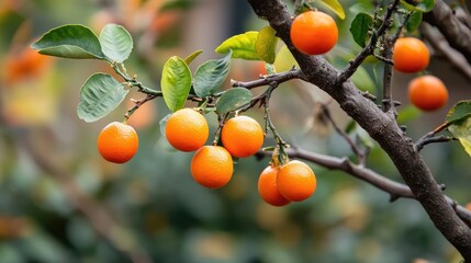Fruit-bearing hardy orange tree with twisted stems and trifoliate leaves showcasing vibrant oranges in a shallow depth of field environment.