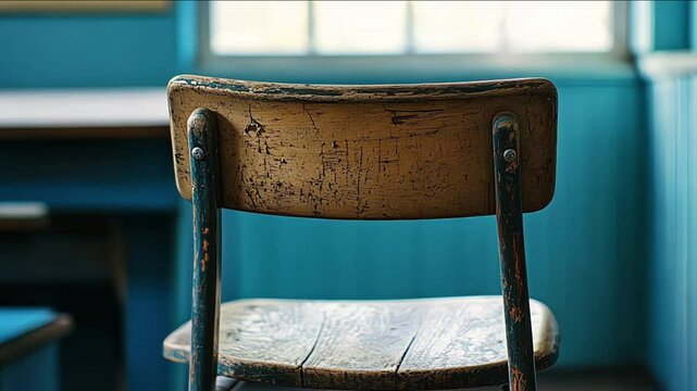 Empty Classroom Chair: A solitary wooden chair stands in a classroom, casting a long shadow on the worn wooden floor. The green chalkboard behind it is covered in scribbles and papers