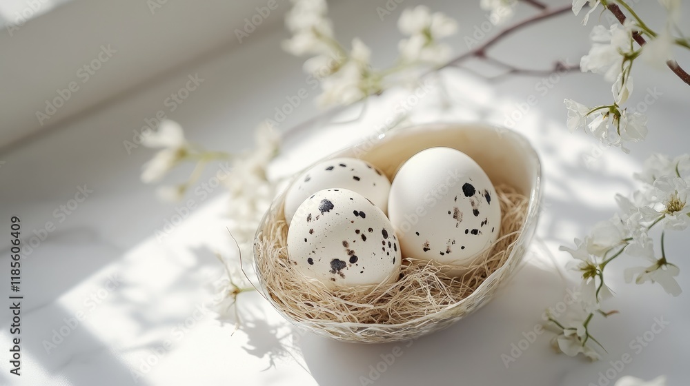 Poster quail eggs elegantly arranged in a decorative nest with flowers on a soft background highlighting th