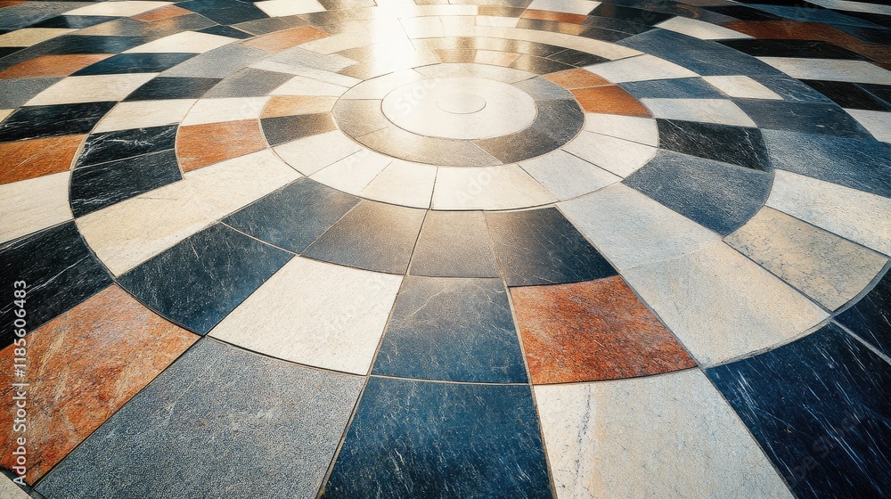 Poster abstract circular mosaic floor design with colorful geometric patterns and textured tiles in modern 