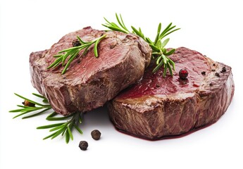 Fresh High-Quality Cuts of Red Meat with Rosemary Sprigs and Peppercorns Arranged on a White Background for Culinary and Food Photography