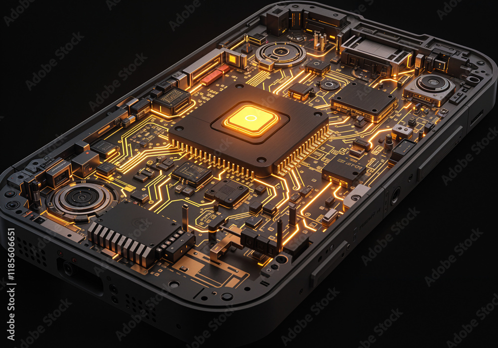 Poster internal structure of mobile phone board and processor . generative ai