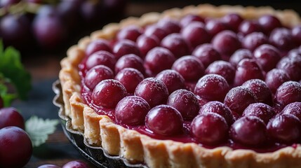 Delicious grape tart with glossy fresh grapes arranged on a buttery crust perfect for dessert lovers and culinary inspiration