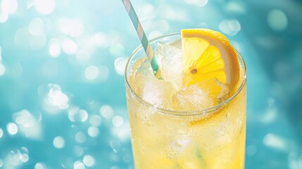 Refreshing glass of sweet lemonade with ice and straw garnished with lemon slice against a bright blue background
