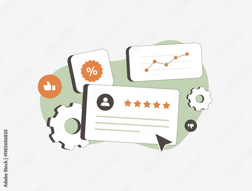 Aufkleber customer experience illustration with reviews, star ratings, analytics and satisfaction metrics. ide