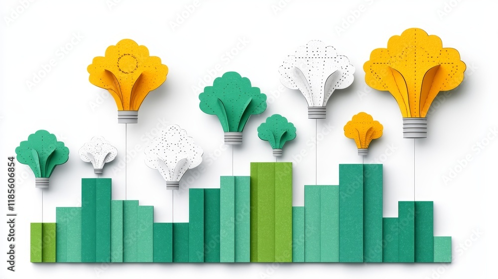 Poster conceptual illustration of innovative growth and idea generation visualized with lightbulbs and bar 