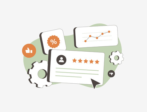 Customer experience illustration with reviews, star ratings, analytics and satisfaction metrics. Ideal for vector concepts like user feedback, client satisfaction and business performance insights