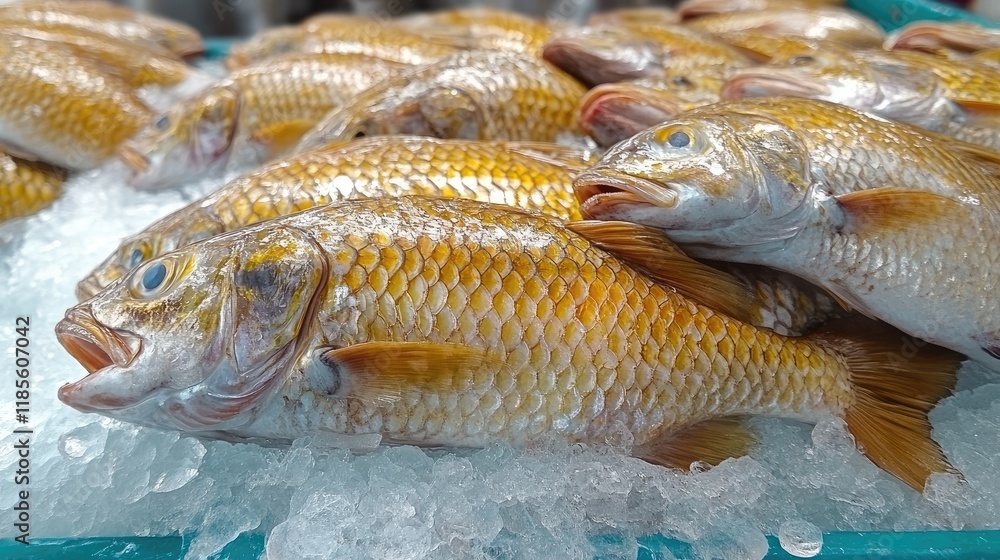 Poster freshly caught fish displayed on ice in a busy marketplace setting with vibrant colors and textures