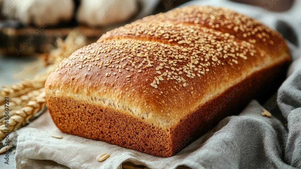 Poster whole wheat bread loaf with golden crust and sesame seeds resting on a rustic table with wheat backg