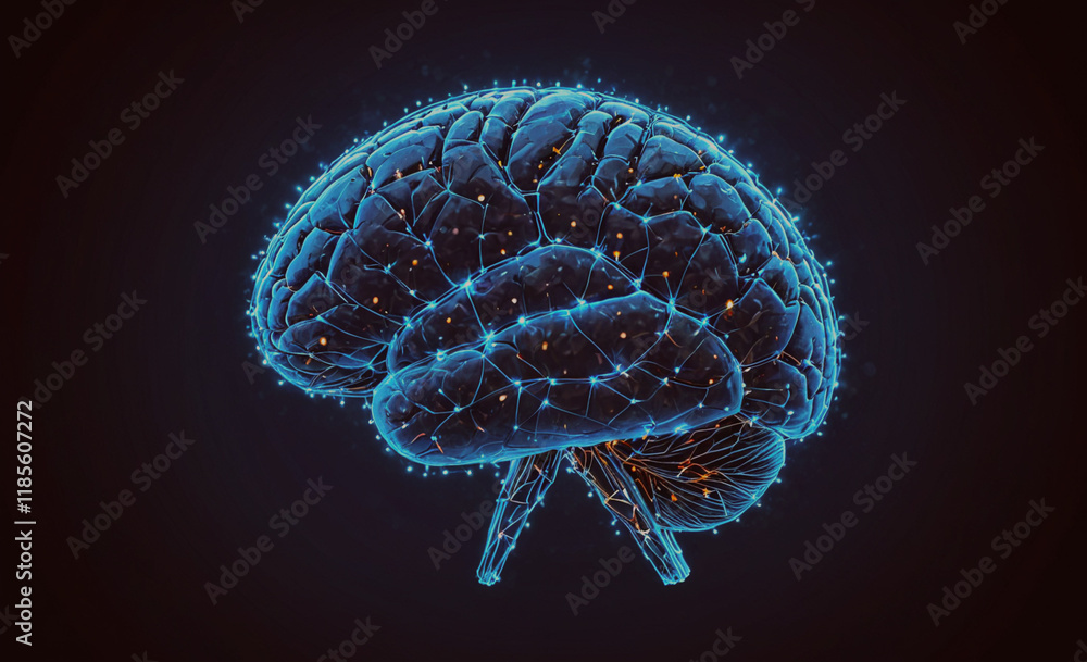 Poster brain is shown in a blue color. the brain is made of wires and has a black color