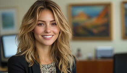 Smiling woman indoors, paintings and furniture visible behind, photo use