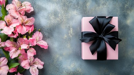 Pink gift box with black ribbon and pink flowers on grey metal background elegant birthday celebration flat lay composition