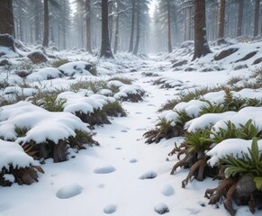 A forest floor covered in a thick layer of snow and ice, frosty ground, peaceful atmosphere, cold climate