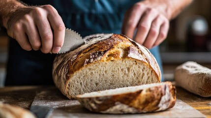 Hands slicing a freshly baked sourdough loaf on a wooden table showcasing rustic kitchen atmosphere and artisanal bread preparation