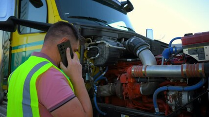 The driver is talking by phone about the problem with semi truck. Wide view