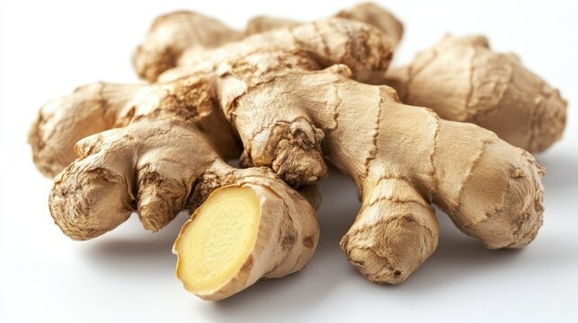 Fresh ginger root displayed on white background showcasing its texture and color for culinary and health-related concepts.