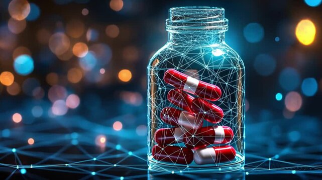 Red capsules are stacked inside a glass bottle surrounded by vibrant, shimmering lights in a high-tech, digital environment, creating an eye-catching display.