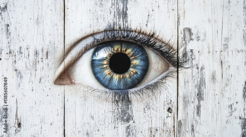 Poster blue eye detail embedded in textured white wooden surface creating a unique artistic visual effect f