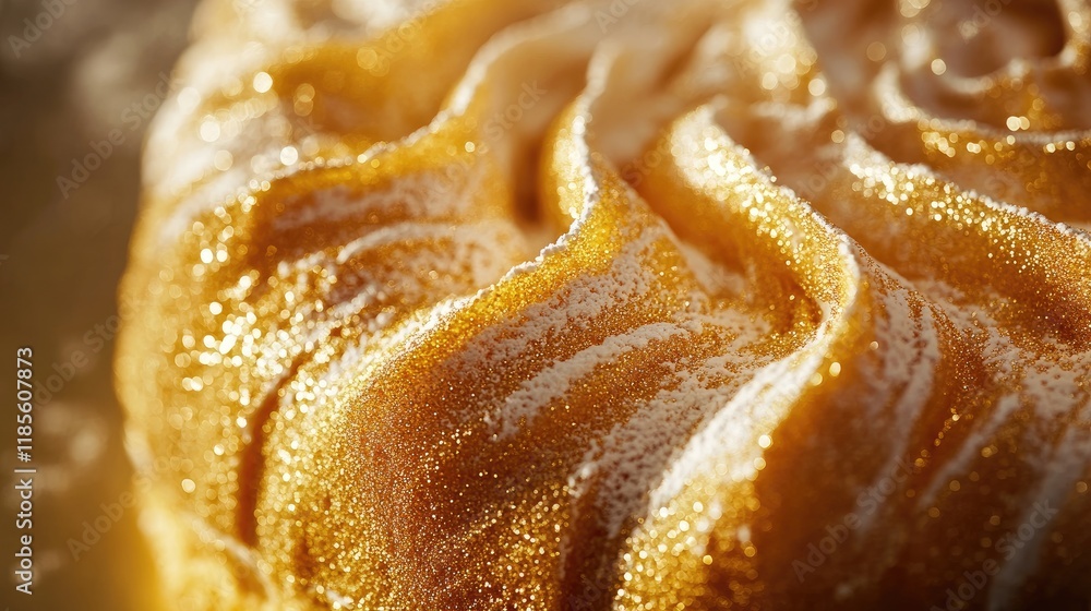 Poster golden chiffon cake with shimmering golden threads captured in selective focus showcasing texture an