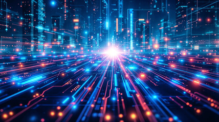 Naklejka premium holographic interface with city background . Generative AI