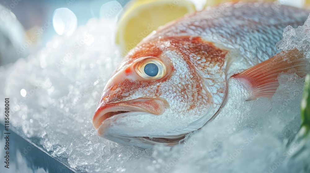 Poster fresh seafood display on ice featuring vibrant fish and lemon slices creating an appetizing market s