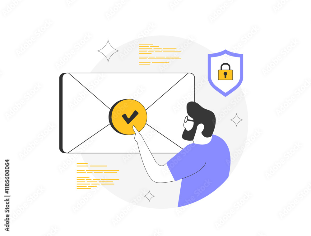 Poster email authentication illustration with verified envelope, security shield and user interaction. secu