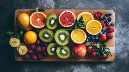 Colorful assortment of fresh fruits on a wooden cutting board showcasing vibrant textures and natural beauty.