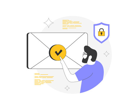 Email authentication illustration with verified envelope, security shield and user interaction. Secure communication, email verification and online data protection isolated vector illustration
