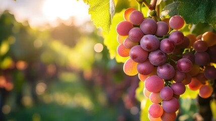 Vibrant clusters of ripe grapes in a sunlit vineyard showcasing natural beauty and abundance in a serene agricultural setting