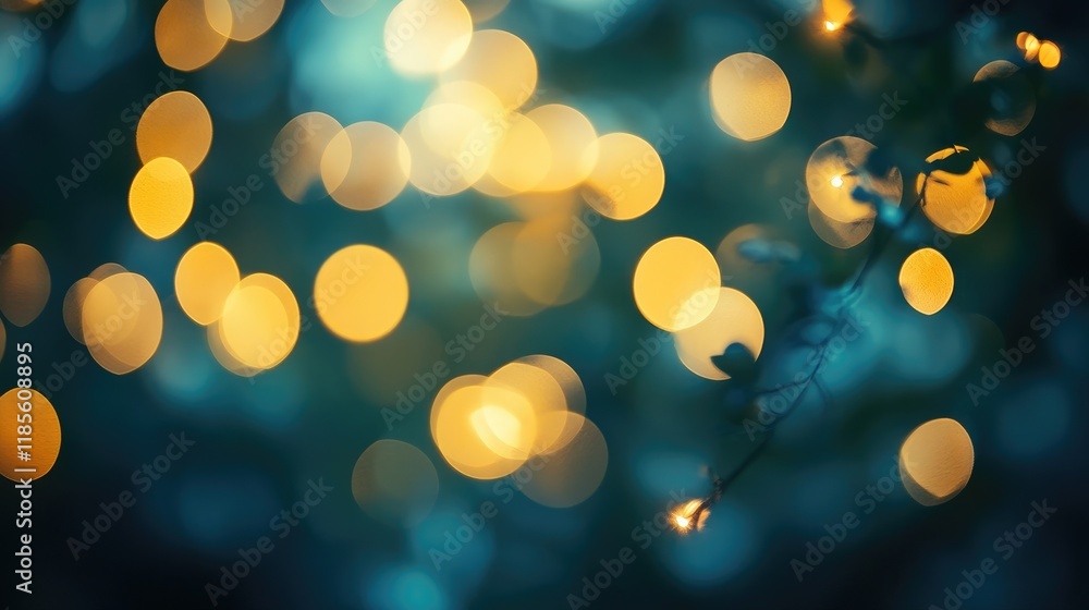 Poster soft golden bokeh lights creating a dreamy atmosphere with a blend of blue hues in a tranquil backgr