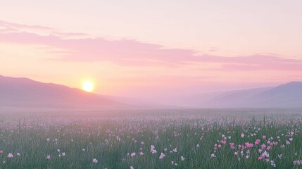 Sunrise and sunset over the mountains and field with a beautiful countryside landscape