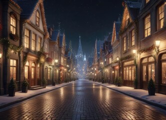 Fototapeta premium A festive Christmas village with glittering buildings and sparkling streets, holiday village, glittering village