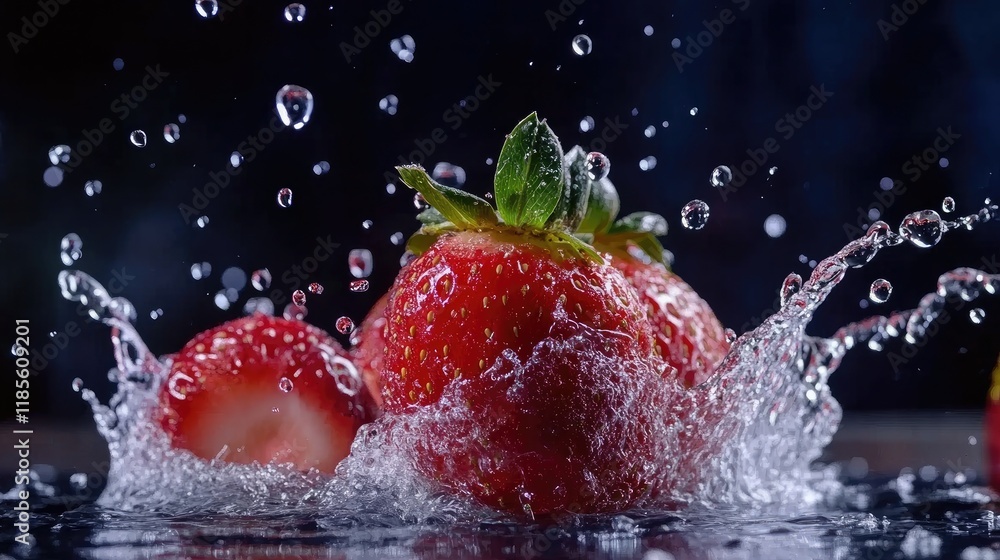 Poster vibrant strawberries splashing in water creating a refreshing and dynamic fruit composition against 