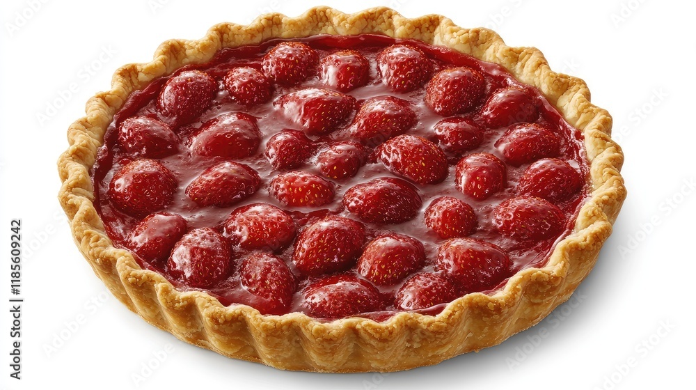 Poster vibrant homemade strawberry pie on display with glossy fruit topping and golden crust in a rustic se