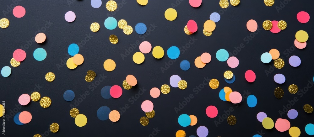Aufkleber colorful confetti scattered on a black sparkling background with ample empty space for text and desi