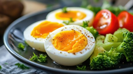 Hard boiled eggs served with fresh vegetables on a dark plate for a healthy breakfast or brunch option