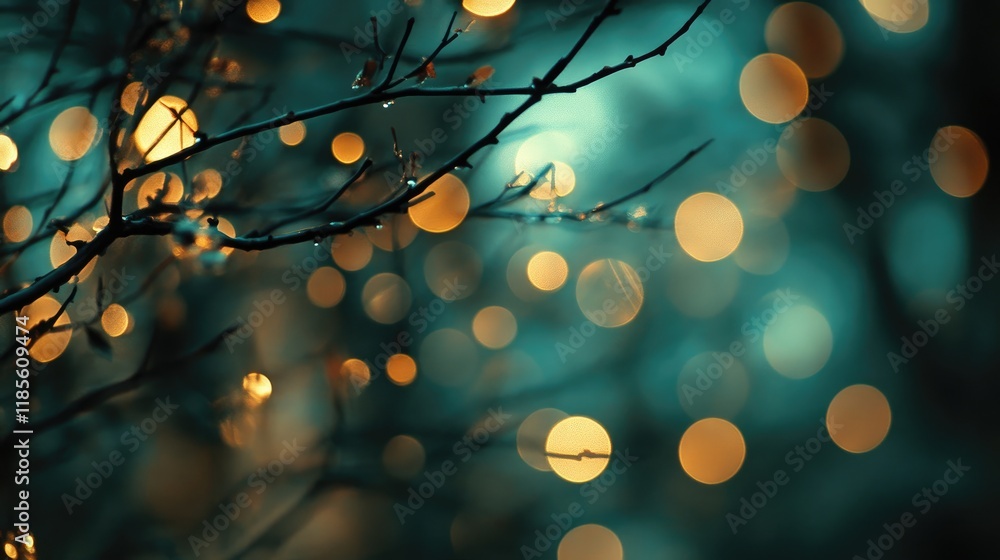 Poster enchanting light blue bokeh background with shimmering golden orbs and delicate branches creating a 