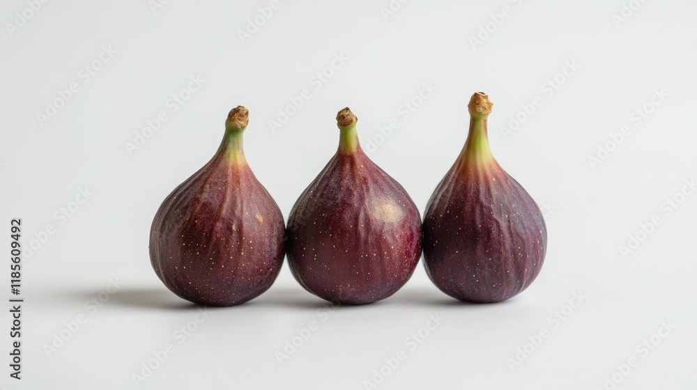 Poster fresh ripe figs arranged in a row on a clean white background showcasing their unique shape and rich